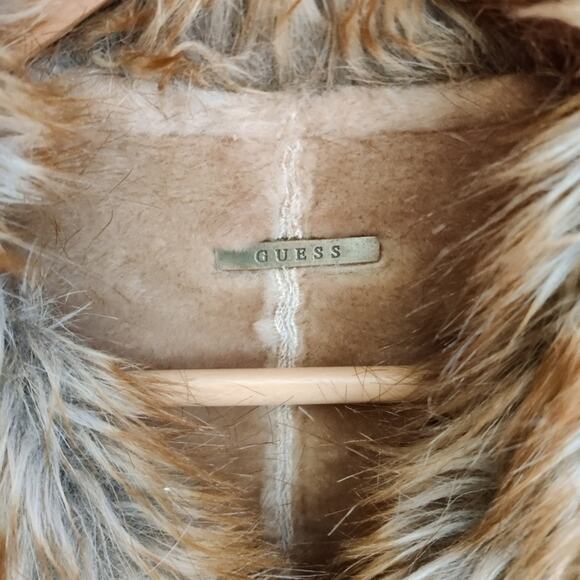 Guess Vintage Tan Genuine Suede Leather Coat with Faux Fur Trim Size Small - Picture 3 of 11